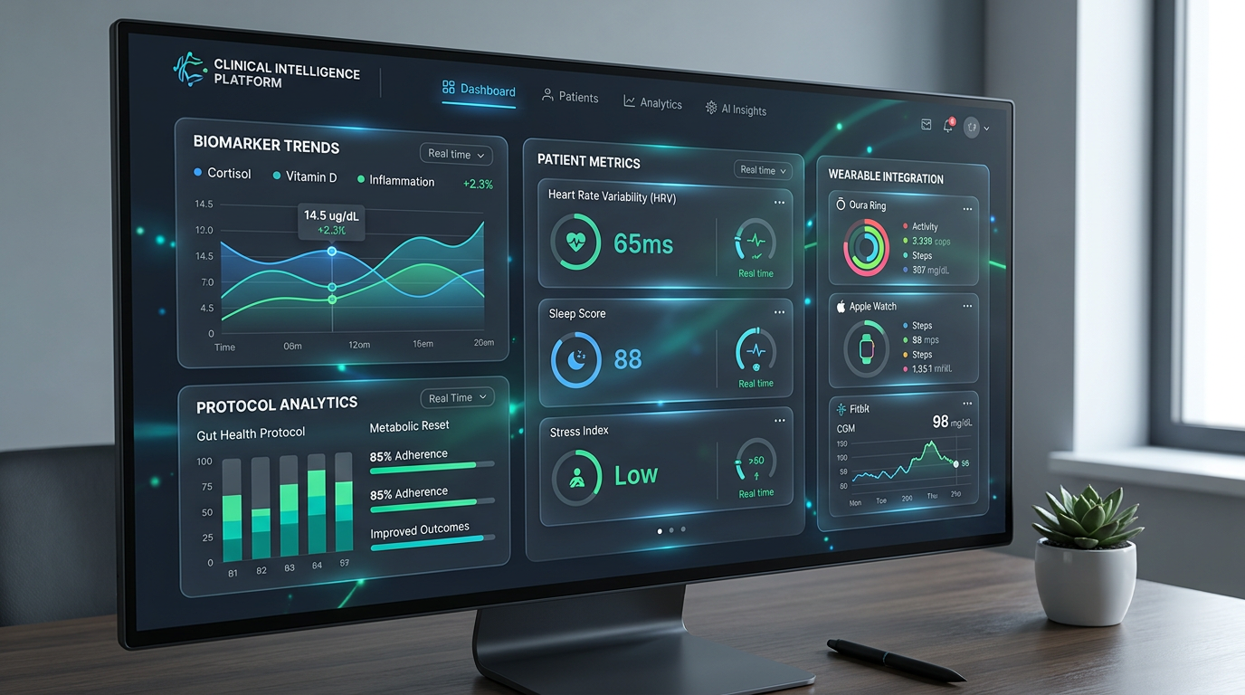 VoiceProtocol.ai premium clinical intelligence dashboard — biomarker analytics, protocol performance, and patient metrics