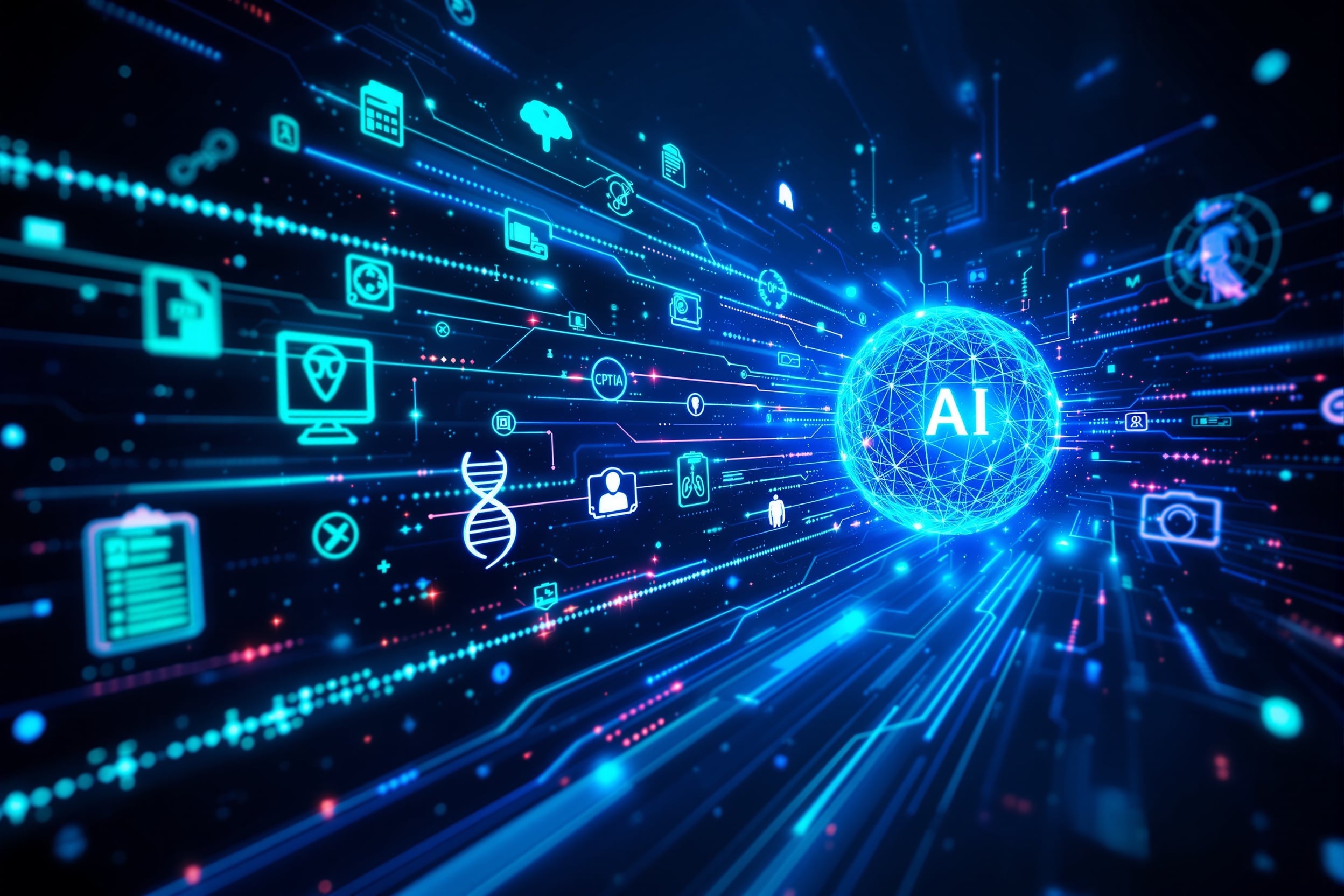 Multiple data streams converging into AI processing engine