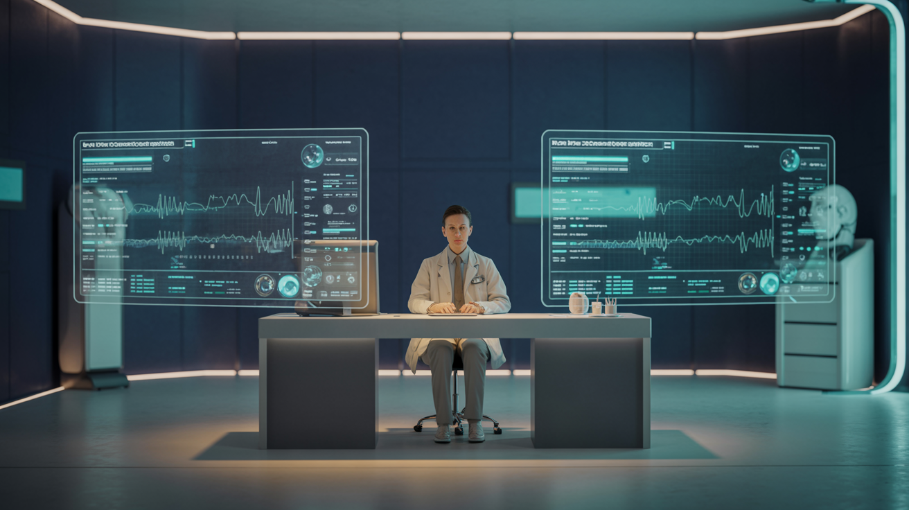 VoiceProtocol.ai practitioner dashboard with holographic AI displays