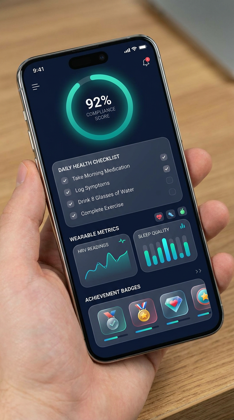 Patient portal mobile app with compliance scoring and wearable metrics
