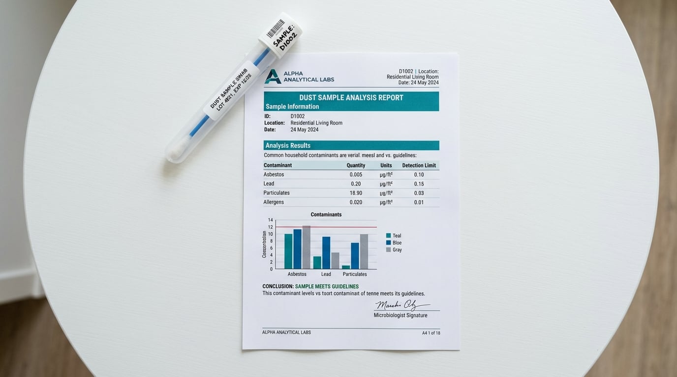 A dust-sample collection swab and lab report on a table, illustrating settled-dust mold testing at home