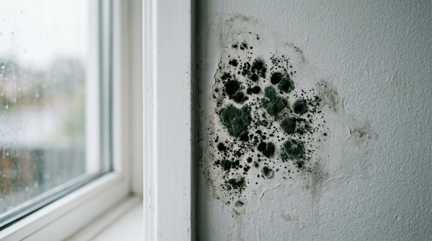 Close-up of mold growth on a damp interior wall near a window, illustrating how indoor moisture drives household mold