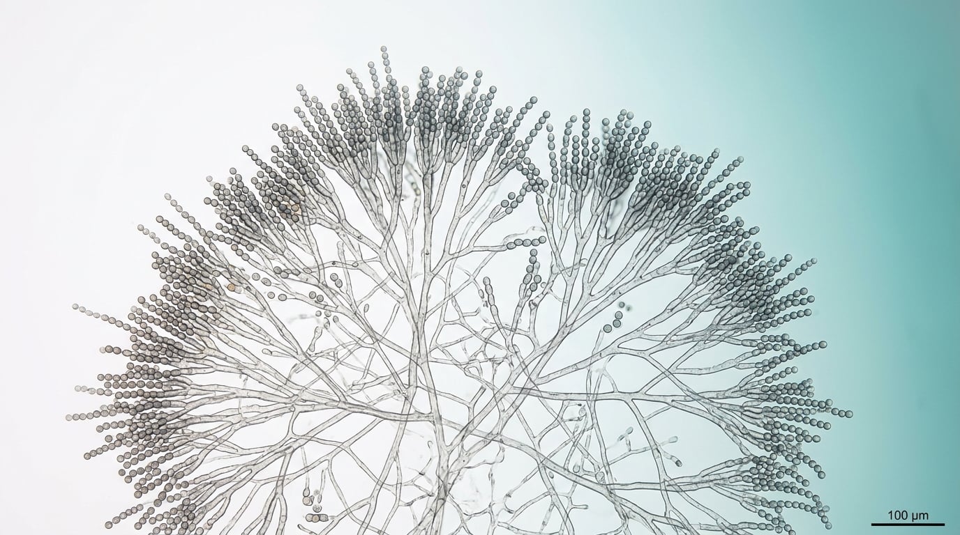 A scientific illustration-style close-up of mold colonies under soft light, representing the chemistry of mycotoxins
